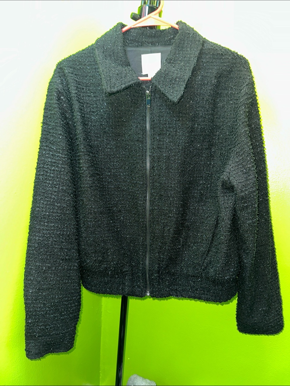 Joie Black Tweed Zip-Front Jacket fall winter fashion shimmer classy woman